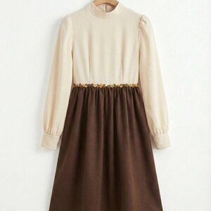 Elegant Cream and Brown Dress with Floral Detail